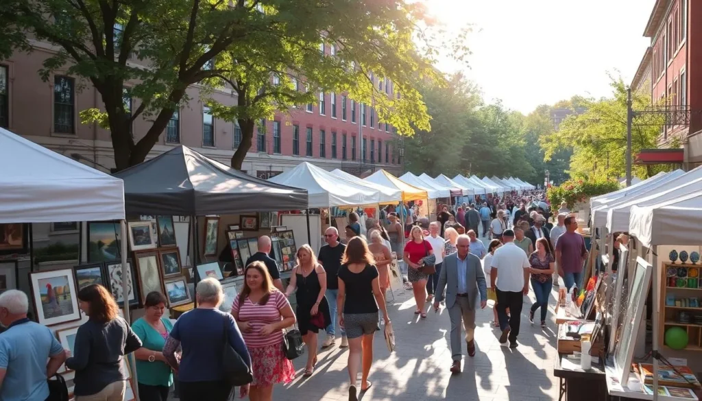 A bustling outdoor art festival in the heart of Bethesda, Maryland. A vibrant and lively scene, with tents and booths showcasing a diverse array of local artworks, from paintings and sculptures to handcrafted jewelry and pottery. People strolling through the festival, admiring the creations and chatting with the artists. The warm, golden sunlight filters through the trees, casting a soft, inviting glow over the scene. In the background, the façade of historic buildings and lush greenery create a picturesque setting, perfectly capturing the charming character of Bethesda's thriving arts community.