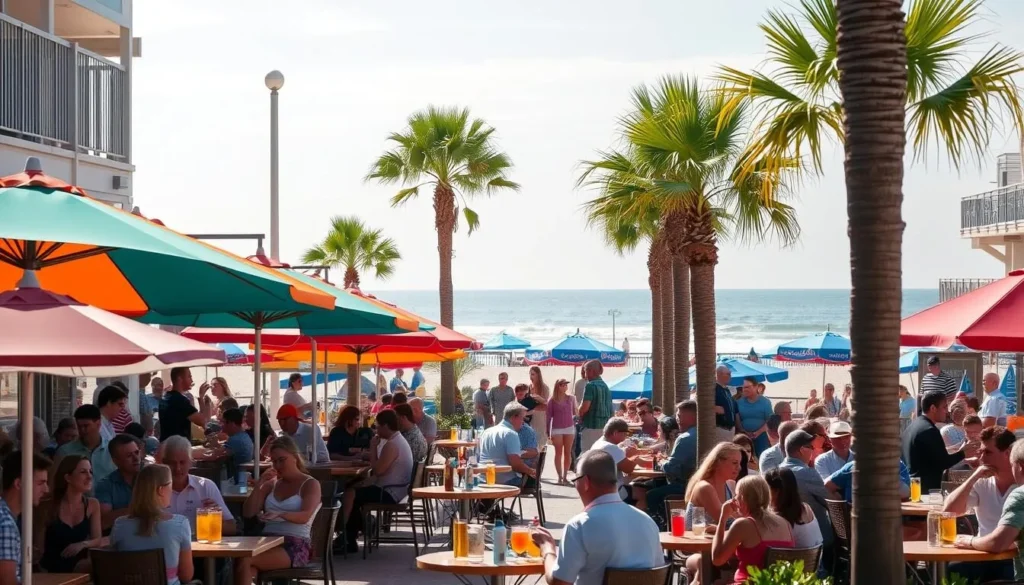 A bustling outdoor dining scene at Virginia Beach, with vibrant umbrellas and tables lining the sidewalks. In the foreground, people enjoying local seafood dishes and craft cocktails, laughter and conversation filling the air. The middle ground features palm trees swaying gently, their fronds catching the warm sunlight. In the background, the iconic Virginia Beach Boardwalk and Atlantic Ocean provide a picturesque backdrop, the waves gently lapping at the sandy shore. The overall mood is lively, inviting, and quintessentially coastal, capturing the essence of the local dining experience.