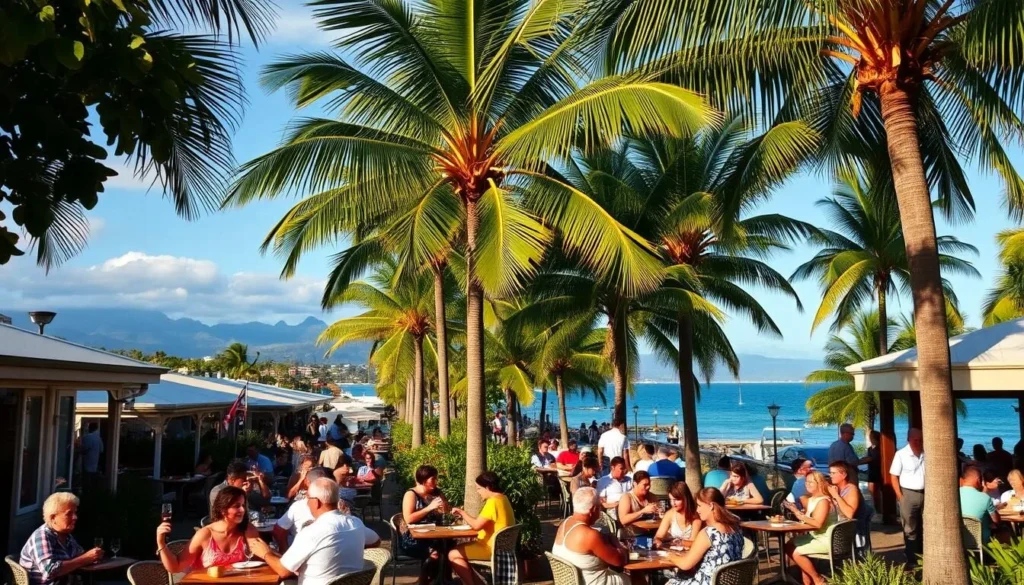 A bustling outdoor dining scene in Port Douglas, Queensland, on a sunny day. In the foreground, lively patrons enjoying alfresco meals at charming cafes and restaurants, surrounded by lush tropical foliage. The middle ground features elegant palm trees swaying gently in the breeze, casting dappled shadows on the tables and diners. In the background, glimpses of the Coral Sea and distant mountains create a picturesque coastal backdrop. The lighting is warm and golden, accentuating the vibrant colors of the scene. The overall atmosphere is one of relaxation, indulgence, and the quintessential Port Douglas lifestyle.