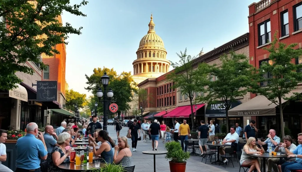 A bustling outdoor dining scene in downtown Des Moines, Iowa on a pleasant afternoon. In the foreground, patrons enjoy al fresco meals at sidewalk cafes, sipping craft cocktails and sampling local cuisine. The middle ground features lively pedestrians strolling along tree-lined streets, passing by charming brick buildings housing acclaimed restaurants. In the background, the state capitol dome rises majestically, bathed in warm golden light. Capture the vibrant, welcoming atmosphere of Des Moines' thriving culinary scene.