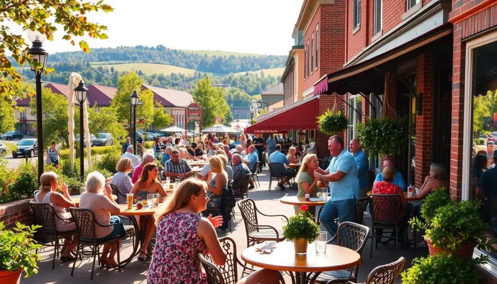 A bustling outdoor dining scene in the charming town of French Lick, Indiana. Patrons relish local cuisine at quaint cafes with inviting patios, surrounded by the town's historic architecture. Warm sunlight dapples the tables, casting a welcoming glow. In the background, lush greenery and rolling hills create a picturesque, pastoral backdrop. The atmosphere is relaxed and convivial, enticing food lovers to savor the delicious flavors of this Midwest destination.