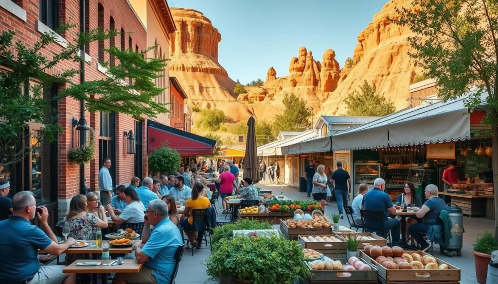 A bustling outdoor dining scene in the heart of Wisconsin Dells, with a vibrant atmosphere and mouthwatering local cuisine. In the foreground, patrons enjoy a variety of regional specialties at cozy sidewalk cafes, surrounded by charming brick facades and lush greenery. In the middle ground, a farmer's market brims with fresh produce, artisanal baked goods, and sizzling food stalls, creating a sensory delight. The background showcases the iconic natural sandstone formations of the Dells, bathed in warm, golden sunlight that casts a welcoming glow over the entire scene. Crisp, clean lighting and a slightly elevated camera angle capture the energy and allure of this quintessential Wisconsin Dells food experience.