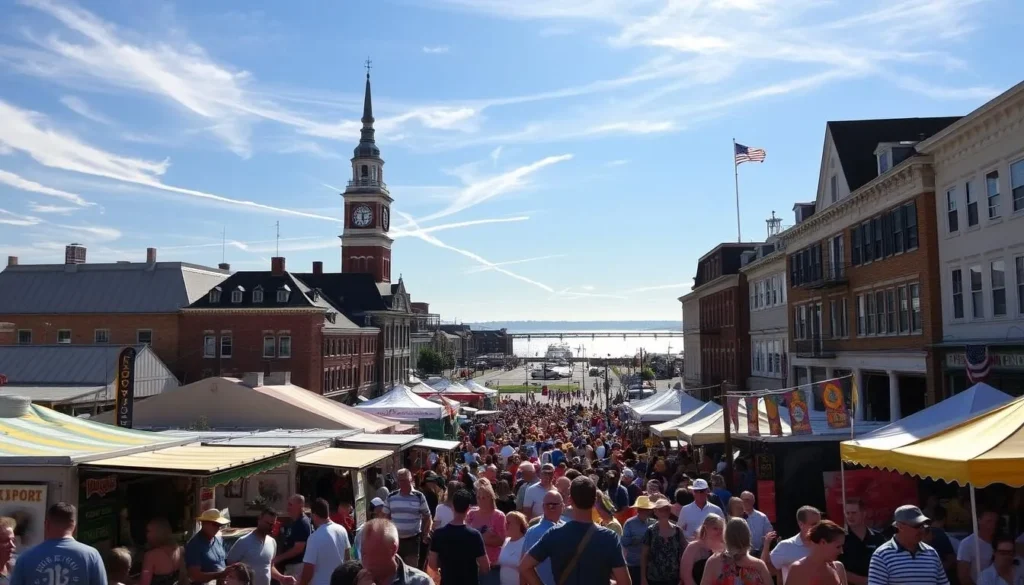 A bustling outdoor event in the heart of Bridgeport, Connecticut on a sunny summer day. In the foreground, a lively crowd gathered around food trucks and local artisan stalls, their colorful awnings and banners creating a vibrant atmosphere. In the middle ground, a historic clock tower and stately buildings provide a picturesque backdrop, while in the distance, the sparkling waters of the harbor can be seen. Warm sunlight filters through wispy clouds, casting a golden glow over the scene. The overall mood is one of community, celebration, and the unique charm of this coastal New England city.