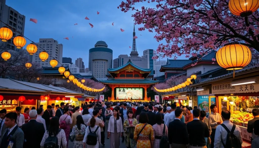 A bustling outdoor festival in the Toshima-ku district of Tokyo, Japan, with vibrant crowds gathered under the warm glow of paper lanterns and cherry blossom petals drifting in the gentle breeze. In the foreground, people in traditional Japanese attire stroll past colorful food stalls and craft vendors, while in the middle ground, a stage showcases lively cultural performances. The background is filled with the iconic architecture of the neighborhood, including the distinctive silhouettes of high-rise buildings and the sloped roofs of historic temples. The overall atmosphere is one of celebration, community, and the unique blend of modern and traditional elements that define the character of Toshima-ku.