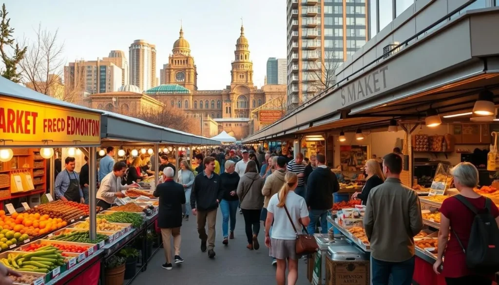 A bustling outdoor food market in downtown Edmonton, Alberta, with vibrant stalls showcasing the city's diverse culinary offerings. In the foreground, vendors sell fresh, locally-sourced produce, artisanal breads, and fragrant spices. In the middle ground, people browse through the lively crowds, sampling delectable street food like juicy bison burgers, hand-crafted pierogies, and fragrant curries. The background features the city's iconic architecture, bathed in warm, golden light, creating a welcoming and inviting atmosphere. The scene captures the essence of Edmonton's thriving food culture and the joy of exploring its gastronomic delights.