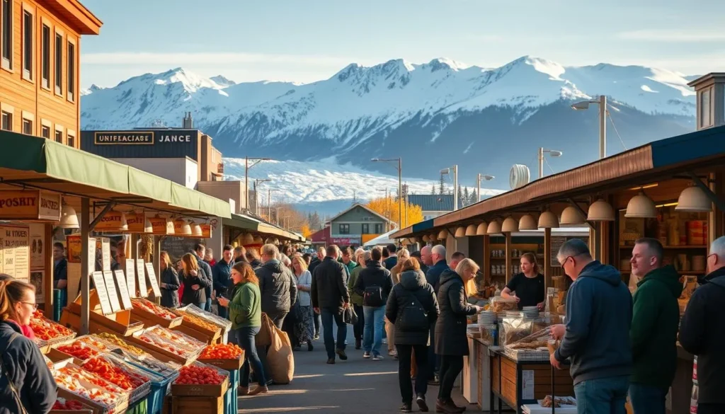 A bustling outdoor food market in downtown Juneau, set against the stunning backdrop of snow-capped mountains. Vibrant stalls showcase locally-sourced seafood, farm-fresh produce, and artisanal baked goods. The scene is bathed in warm, golden afternoon light, casting a cozy, inviting atmosphere. In the foreground, people browse the stalls, sampling fresh crab cakes and sipping local craft beers. In the middle ground, chefs expertly prepare dishes using the bounty of the region. The background features the majestic Mendenhall Glacier, reflecting the natural beauty that surrounds this thriving food community.