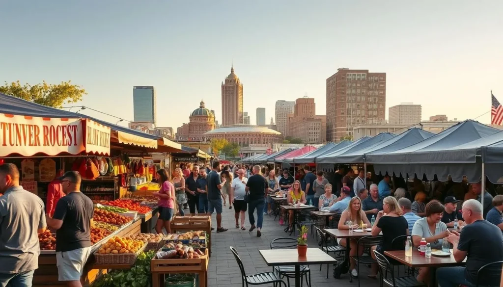 A bustling outdoor food market in downtown Oklahoma City, brimming with local delicacies and lively vendors. In the foreground, artisanal food stalls offer mouthwatering barbecue, fresh produce, and handcrafted pastries. The middle ground showcases diners savoring their meals at cozy bistro tables, surrounded by the vibrant energy of the scene. In the background, the city's iconic skyline and historic buildings provide a picturesque backdrop, bathed in warm, golden afternoon sunlight. The atmosphere is lively, inviting, and evocative of the city's thriving food culture.