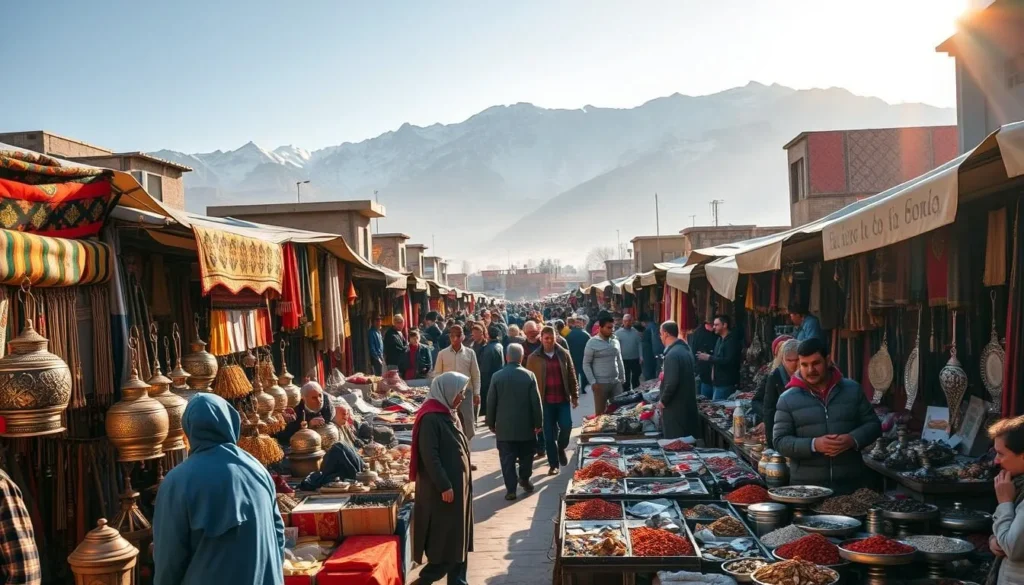 A bustling outdoor market in Kabul, Afghanistan. In the foreground, vendors display an array of vibrant textiles, intricate metalwork, and aromatic spices. In the middle ground, locals and tourists mingle, immersed in lively conversations and haggling over prices. The background is framed by the majestic, snow-capped peaks of the Hindu Kush mountains, bathed in warm, golden sunlight. The scene exudes a sense of cultural richness, ancient traditions, and a welcoming, lively atmosphere. Shoot with a wide-angle lens to capture the expansive, immersive setting. Use natural lighting to enhance the vibrant colors and create a cohesive, atmospheric image.