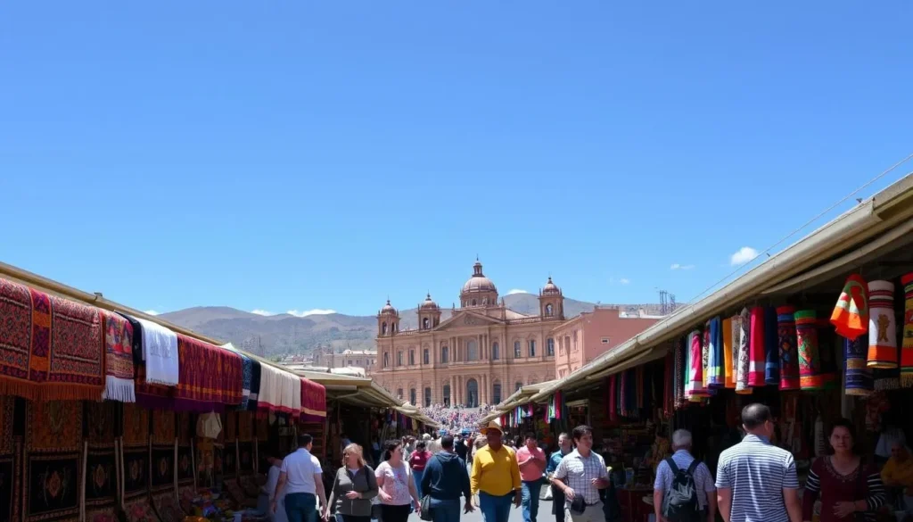 A bustling outdoor market in La Paz, Bolivia, under a bright, clear sky. Vendors sell vibrant textiles, traditional handicrafts, and fresh produce in stalls lining the narrow streets. Locals and tourists mingle, creating a lively atmosphere filled with the sights, sounds, and aromas of Bolivian culture. The foreground showcases the intricate, colorful wares on display, while the middle ground captures the crowd moving through the market. In the background, the iconic buildings and landmarks of La Paz's historic city center provide a picturesque backdrop, conveying a sense of immersion in the local environment.