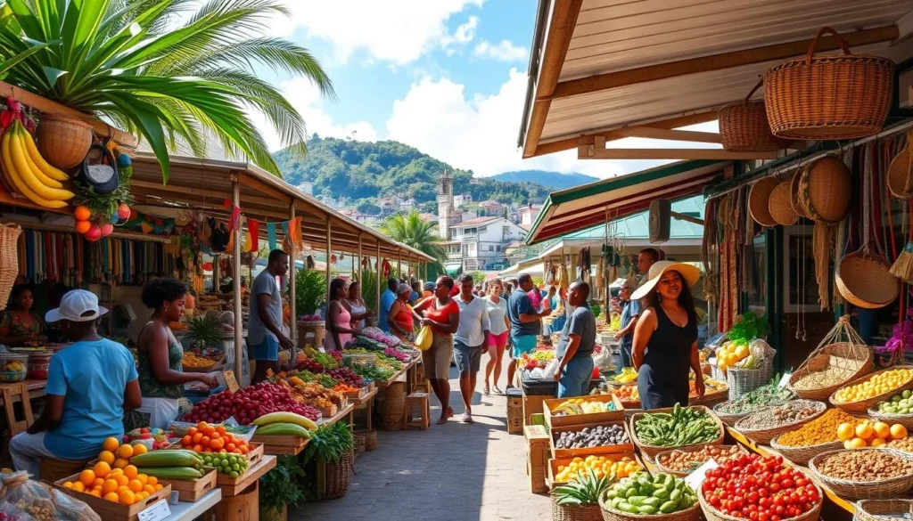 A bustling outdoor market in Roseau, Dominica, with vibrant stalls showcasing an array of locally grown produce, handcrafted goods, and lively vendors. Capture the energy of the scene with natural lighting, conveying a warm, sunny atmosphere. Depict the foreground filled with colorful displays of tropical fruits, vegetables, and spices, with vendors interacting with customers. In the middle ground, showcase artisanal crafts, such as woven baskets, handmade jewelry, and traditional Dominica textiles. In the background, provide a glimpse of the scenic, picturesque town of Roseau, with its historic buildings and lush, verdant surroundings.