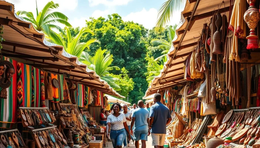 A bustling outdoor marketplace in Ocho Rios, Jamaica, under a bright, sun-dappled sky. Rows of colorful handcrafted wares - vibrant textiles, intricate wood carvings, and shimmering jewelry - line the stalls, drawing the eye. Local artisans stand ready to showcase their unique creations. In the middle ground, patrons browse the offerings, immersed in the lively atmosphere. The background features lush, verdant foliage, hinting at the tropical paradise surrounding the market. Warm, natural lighting filters through the scene, creating a welcoming and inviting ambiance. Capture the essence of this bustling Jamaican craft market, a hub of local culture and artistry.