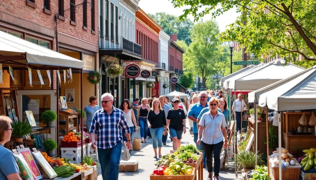 A bustling outdoor marketplace in the heart of Greenville, Kentucky. In the foreground, vendors display an array of locally-sourced produce, handcrafted goods, and artisanal wares under the warm glow of a midday sun. The middle ground features pedestrians strolling past charming storefronts, their expressions reflecting the vibrant energy of the scene. In the background, the historic architecture of downtown Greenville frames the lively shopping experience, creating a sense of timeless small-town allure. The overall atmosphere is one of community, creativity, and the celebration of local craftsmanship.
