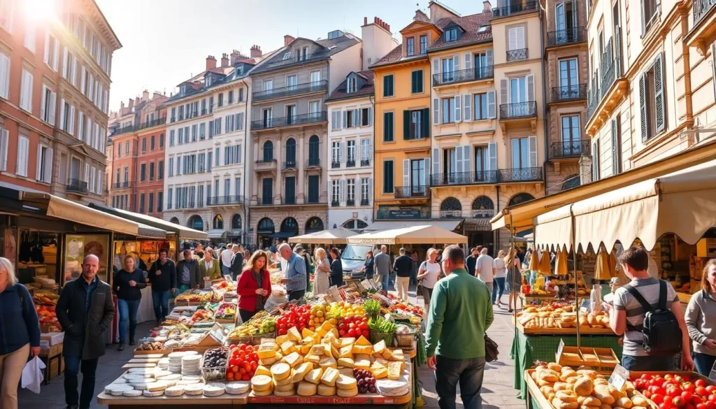 A bustling outdoor marketplace in the heart of Lyon, France's celebrated gastronomic capital. Vendors offer an abundance of fresh produce, artisanal cheeses, and fragrant baked goods under the warm afternoon sun. In the background, the historic buildings of Old Town Lyon rise up, their elegant facades bathed in a soft, golden light. Pedestrians stroll leisurely, pausing to admire the stunning architecture and sample the local delicacies. The scene radiates a vibrant, lively atmosphere, capturing the essence of this UNESCO World Heritage city and its renowned culinary traditions.