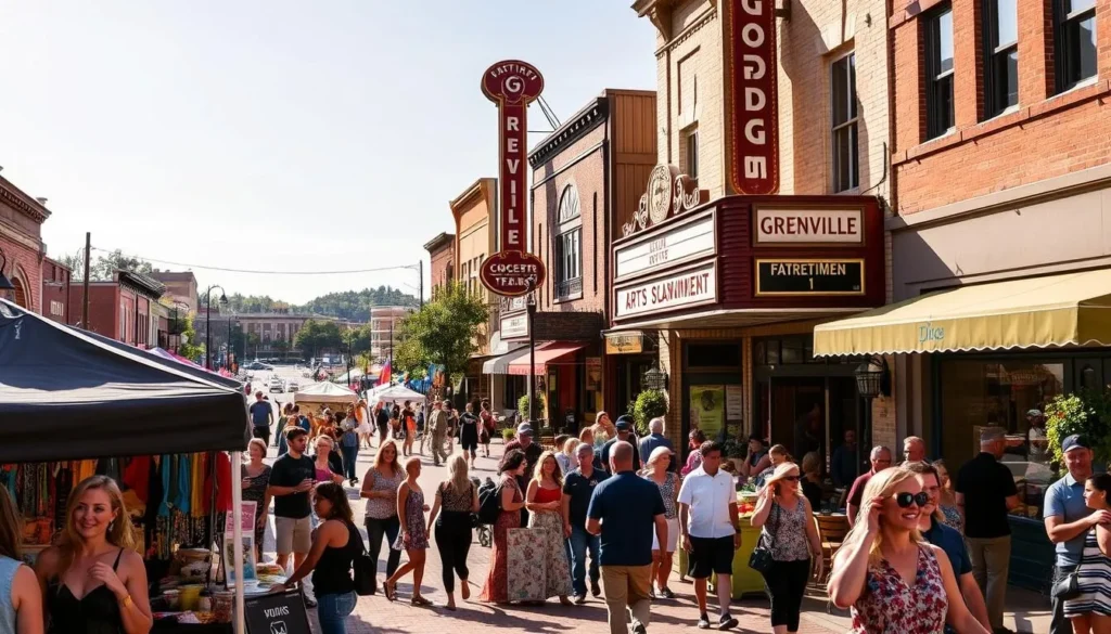 A bustling outdoor scene in the heart of Greenville, Kentucky, showcasing the vibrant arts and entertainment offerings of the city. In the foreground, a lively street fair with local artisans and performers, their colorful wares and lively music creating an inviting atmosphere. In the middle ground, the façade of a historic theater, its marquee illuminated, announces an upcoming show or concert. In the background, a picturesque town square surrounded by quaint shops and cafes, with people strolling and enjoying the pleasant weather. Warm sunlight bathes the scene, conveying a sense of community, culture, and small-town charm.