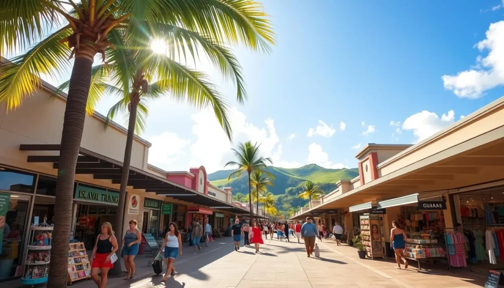 A bustling outdoor shopping center in Guam, with a mix of local and international retail stores. Sunlight filters through swaying palm trees, casting a warm glow over the scene. Shoppers stroll along neatly paved walkways, browsing vibrant displays of island-inspired crafts, apparel, and culinary delights. In the background, lush green hills and a clear blue sky create a picturesque tropical backdrop. The atmosphere is relaxed and inviting, reflecting the laid-back island lifestyle. Capture the essence of a perfect shopping day in Guam, where visitors can immerse themselves in the local culture and find unique treasures to take home.
