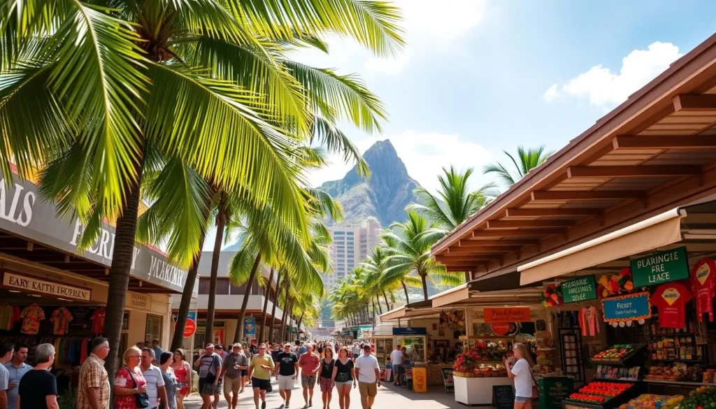 A bustling outdoor shopping district in Waikiki, Oahu, under a bright, sunny sky. In the foreground, lush palm trees sway gently, casting dappled shadows on the paved walkways below. Crowds of people stroll past vibrant storefronts displaying colorful Hawaiian shirts, hand-crafted souvenirs, and local art. The middle ground features open-air markets and kiosks overflowing with fresh tropical fruits, fragrant flowers, and authentic Hawaiian crafts. In the background, the iconic Diamond Head landmark rises majestically, creating a stunning natural backdrop for this picturesque shopping scene. Warm, inviting lighting illuminates the bustling atmosphere, capturing the essence of Waikiki's unique shopping experience.