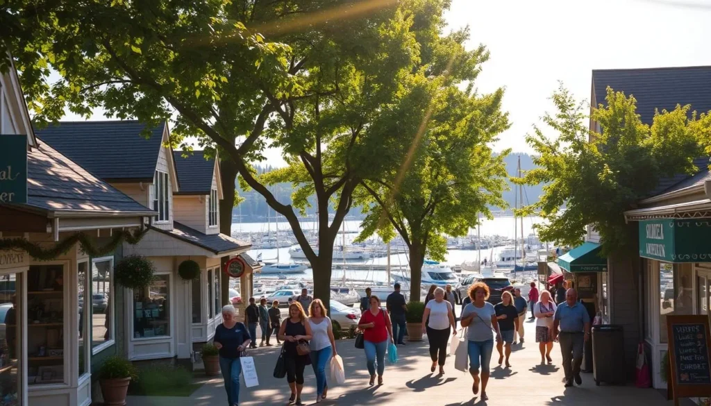 A bustling outdoor shopping district nestled along the picturesque Gig Harbor waterfront. In the foreground, quaint boutiques and local artisan shops line the charming streets, their colorful facades and inviting window displays beckoning passersby. A mix of locals and tourists stroll leisurely, carrying shopping bags and pausing to admire the scenic harbor views in the middle-ground. Dappled sunlight filters through the lush trees, casting a warm, golden glow over the entire scene. Sailboats and yachts gently sway in the harbor, completing the tranquil, coastal ambiance. Capture the unique blend of small-town character and picturesque natural beauty that defines the shopping experience in downtown Gig Harbor.