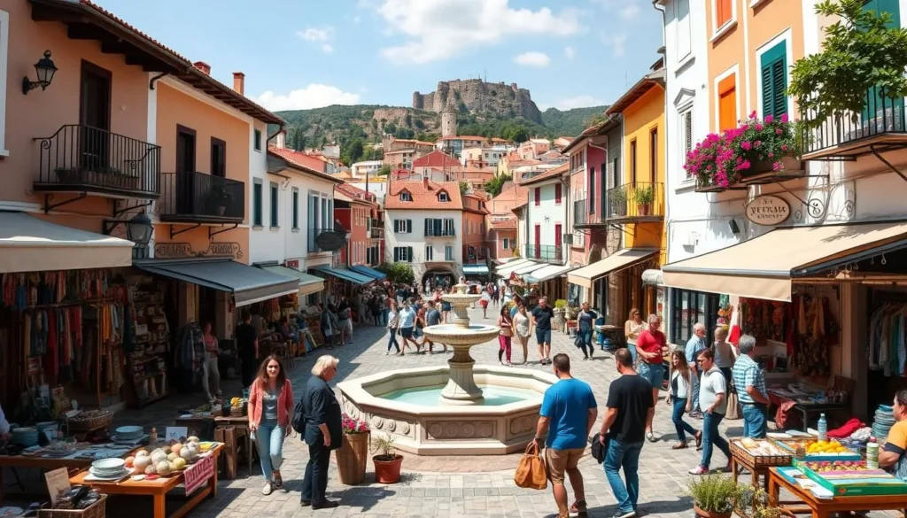 A bustling, picturesque town square in Parga, Greece, on a sunny afternoon. Charming traditional Greek buildings line the cobblestone streets, their colorful facades and potted plants creating a vibrant, welcoming atmosphere. In the foreground, a lively outdoor market filled with local vendors selling handcrafted souvenirs, artisanal goods, and fresh produce. Shoppers browse the stalls, examining handwoven textiles, pottery, and other unique keepsakes. In the middle ground, a central fountain surrounded by pedestrians and street performers, adding to the lively, authentic ambiance. The background features the town's iconic hilltop castle and lush, rolling hills beyond, completing the picturesque Mediterranean scene captured through a wide-angle lens. A bustling, picturesque town square in Parga, Greece, on a sunny afternoon. Charming traditional Greek buildings line the cobblestone streets, their colorful facades and potted plants creating a vibrant, welcoming atmosphere. In the foreground, a lively outdoor market filled with local vendors selling handcrafted souvenirs, artisanal goods, and fresh produce. Shoppers browse the stalls, examining handwoven textiles, pottery, and other unique keepsakes. In the middle ground, a central fountain surrounded by pedestrians and street performers, adding to the lively, authentic ambiance. The background features the town's iconic hilltop castle and lush, rolling hills beyond, completing the picturesque Mediterranean scene captured through a wide-angle lens.