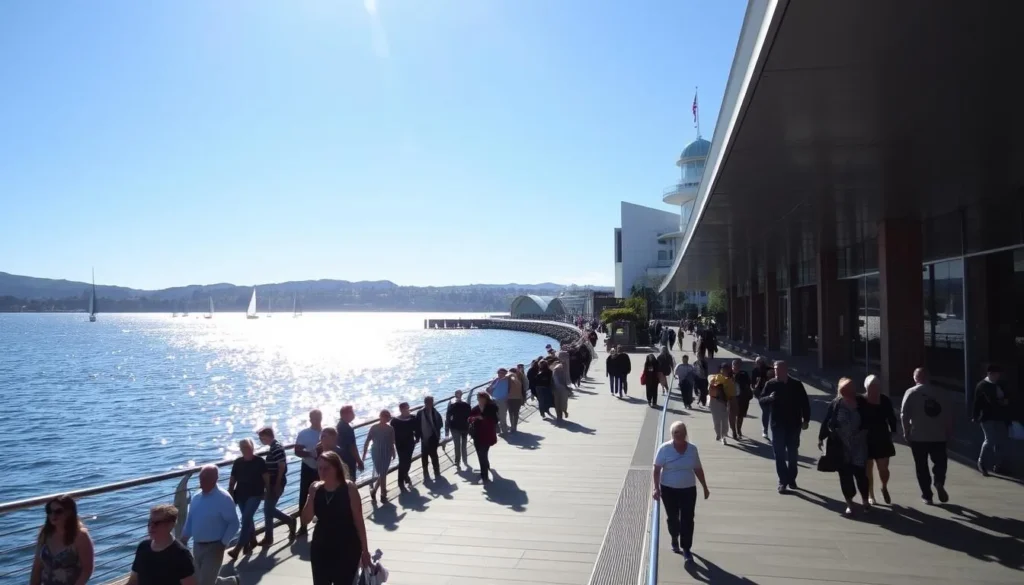 A bustling promenade along Wellington's picturesque waterfront, with the iconic Te Papa museum and Wellington Harbour as the backdrop. Sunlight glimmers on the calm waters, casting a warm glow over the scene. People stroll leisurely, taking in the sights and sounds of this vibrant urban setting. Sailboats dot the horizon, and the distant hills provide a serene counterpoint to the lively atmosphere. The waterfront's sleek, modern architecture frames the vista, creating a harmonious blend of nature and city life. Capture the energy and allure of this quintessential Wellington experience.