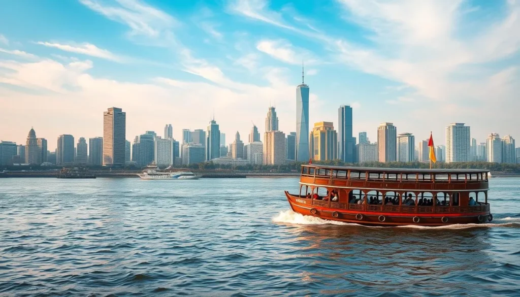 A bustling river scene along the Yangtze River in Wuhan, China. In the foreground, a traditional Wuhan ferry service boat transports passengers across the calm waters, its wooden hull and classic design reflecting the city's rich heritage. In the middle ground, the iconic skyline of Wuhan's modern high-rises rises up, a blend of ancient and contemporary architecture. The background is framed by a clear, blue sky with wispy clouds, creating a serene and picturesque atmosphere. The lighting is soft and natural, casting a warm glow over the entire scene. Capture the essence of Wuhan's transportation and sightseeing, a perfect illustration for the "Getting Around Wuhan" section.