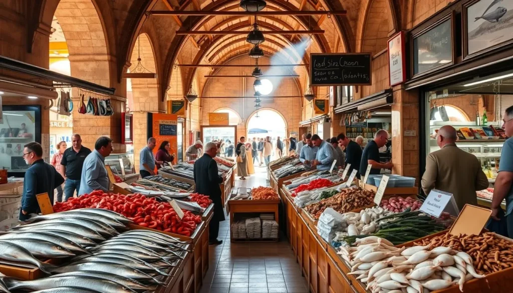 A bustling seafood market in the historic port city of Cádiz, Spain. Wooden stalls and display cases showcase a vibrant array of fresh catches from the nearby Atlantic Ocean - glistening silvery hake, plump red shrimp, and iridescent squid. Sunlight streams in through the market's high ceilings, casting a warm glow over the scene. Lively chatter and the aroma of grilled fish fill the air, as locals and visitors alike browse the stalls, haggling with the friendly vendors. In the background, the market's stone walls and tiled floors evoke the city's Moorish heritage. A quintessential experience for any food lover visiting Cádiz. A bustling seafood market in the historic port city of Cádiz, Spain. Wooden stalls and display cases showcase a vibrant array of fresh catches from the nearby Atlantic Ocean - glistening silvery hake, plump red shrimp, and iridescent squid. Sunlight streams in through the market's high ceilings, casting a warm glow over the scene. Lively chatter and the aroma of grilled fish fill the air, as locals and visitors alike browse the stalls, haggling with the friendly vendors. In the background, the market's stone walls and tiled floors evoke the city's Moorish heritage. A quintessential experience for any food lover visiting Cádiz.