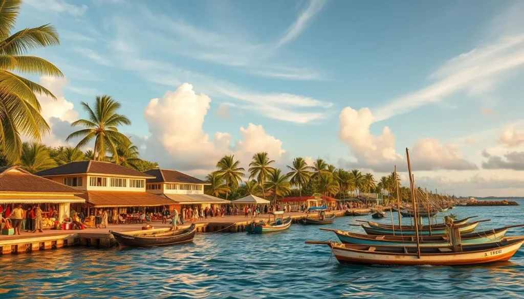 A bustling seaside town nestled along the azure waters of the Pacific, South Tarawa showcases the vibrant heart of Kiribati. Capture the lively market stalls brimming with colorful produce, the weathered fishing boats bobbing in the gentle waves, and the palm-fringed promenade where locals and visitors mingle. Bask in the warm, golden sunlight that filters through wispy clouds, casting a soft glow over the scene. Angle the camera to highlight the distinctive architecture, a blend of traditional thatched-roof structures and modern concrete buildings. Convey the energetic, yet tranquil atmosphere of this island capital, where the Pacific's natural beauty seamlessly intertwines with the bustling pulse of community life.