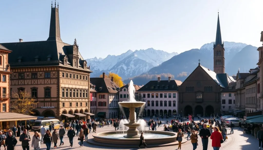 A bustling square in the heart of Lucerne, Switzerland, bathed in warm, golden sunlight. The iconic medieval architecture of the Rathaus and Jesuit Church frame the scene, their ornate facades and slender spires reaching skyward. In the foreground, a lively crowd of locals and tourists stroll along the cobblestone streets, stopping to admire the quaint shops and cafes. A majestic fountain stands as the centerpiece, its waters sparkling and providing a soothing ambiance. In the distance, the snow-capped peaks of the Swiss Alps rise majestically, creating a breathtaking backdrop to this picturesque city center. Capture the charm, history, and natural beauty of Lucerne in a single, enchanting image.