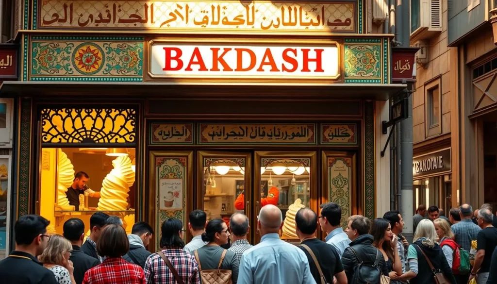 A bustling storefront on a lively Damascus street, the iconic Bakdash Ice Cream parlor stands tall. Through its ornate windows, glimpse the creamy, swirled confections being expertly handcrafted by skilled artisans. The vibrant storefront, adorned with intricate tilework and brass accents, is bathed in warm, golden sunlight, creating a welcoming atmosphere. In the foreground, a queue of eager patrons patiently waits to savor the renowned pistachio and rose-scented flavors. Beyond, the bustling activity of the city street sets the scene, with locals and visitors alike drawn to this beloved culinary institution, a true taste of Damascus' rich cultural heritage.
