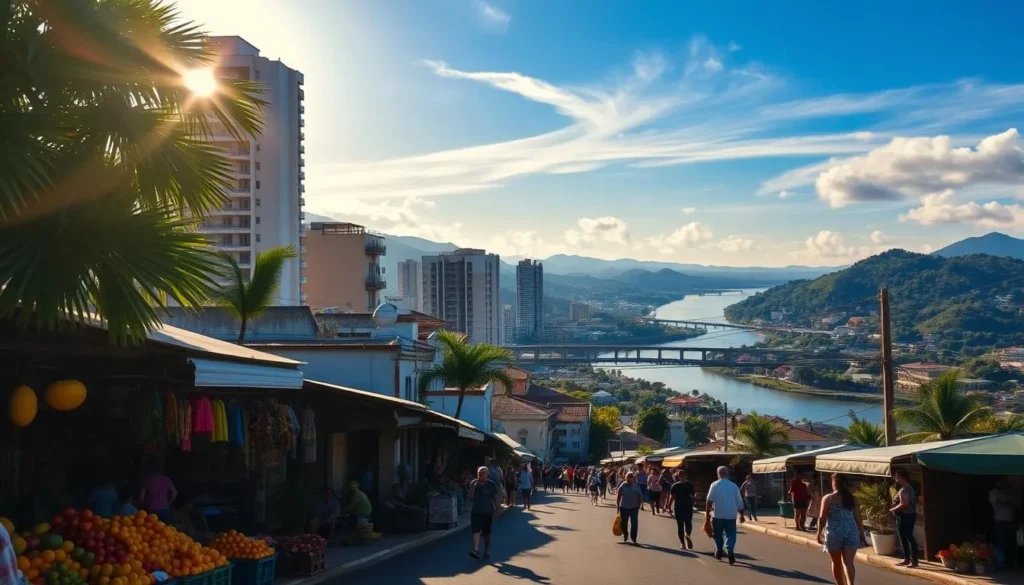 A bustling street in Iloilo City, the "Heart of the Philippines," on a sunny afternoon. In the foreground, local vendors sell vibrant tropical fruits and handcrafted souvenirs. The middle ground features a mix of modern high-rises and historic Spanish-colonial architecture, casting long shadows. In the background, the Panay River winds through the lush, verdant landscape. Warm, golden sunlight filters through wispy clouds, creating a welcoming, inviting atmosphere. Capture the city's vibrant energy, rich culture, and picturesque setting to showcase the practical travel tips for visiting Iloilo.