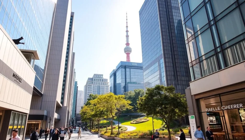 A bustling street in Minato-ku, Tokyo, bathed in warm afternoon sunlight. Sleek, modern high-rises and office buildings line the sidewalks, their glass facades reflecting the clear sky. In the foreground, pedestrians casually stroll past upscale boutiques and cafes, hinting at the district's sophisticated atmosphere. The middle ground features a tranquil park, its lush greenery and winding paths offering a peaceful respite from the urban hustle. In the distance, the iconic Tokyo Tower stands tall, its distinctive silhouette punctuating the skyline. The overall scene conveys a sense of refined elegance and cosmopolitan vibrancy that captures the essence of Minato-ku, Tokyo's premier destination.