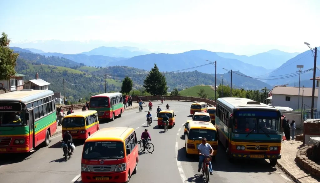 A bustling street in Nagarkot, Nepal, on a bright sunny day. In the foreground, colorful local buses and taxis navigate the winding roads, carrying passengers to their destinations. In the middle ground, pedestrians and bicyclists weave through the traffic, showcasing the vibrant and diverse modes of transportation. The background features the lush, rolling hills and distant snow-capped peaks of the Himalayas, creating a picturesque and serene backdrop. The scene is illuminated by natural, warm lighting, captured through a wide-angle lens to convey a sense of depth and scale. The overall atmosphere is one of energy, movement, and the unique character of Nagarkot's transportation system.