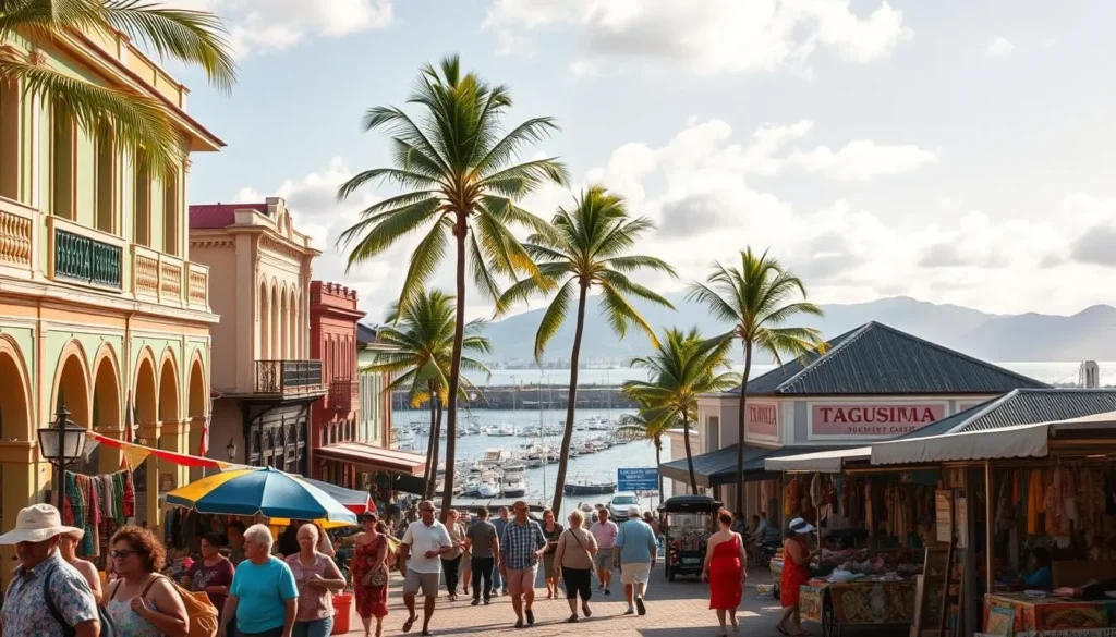 A bustling street in Nuku'alofa, the capital city of Tonga. In the foreground, locals and tourists mingle, browsing colorful markets and street vendors offering traditional handicrafts. The middle ground features colonial-style buildings with vibrant facades, hinting at the island's rich cultural heritage. In the background, palm trees sway gently, framing a picturesque harbor with moored boats and the distant outline of volcanic mountains. Warm, diffused sunlight bathes the scene, creating a tranquil, inviting atmosphere. Capture the essence of this Pacific island paradise through a wide-angle lens, showcasing the practical yet charming nature of this travel destination.