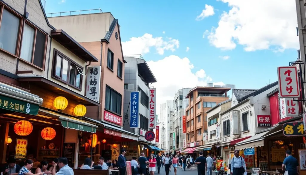 A bustling street in Toshima-ku, Tokyo, with a variety of charming restaurants and eateries lining the sidewalks. In the foreground, people can be seen dining al fresco, savoring local delicacies and sipping drinks. The middle ground features a mix of traditional and contemporary architectural styles, with neon signs and lanterns adding a vibrant, lively atmosphere. In the background, a clear sky with fluffy clouds sets the scene for a pleasant, sunny day. The lighting is warm and natural, capturing the inviting ambiance of the neighborhood's culinary offerings.