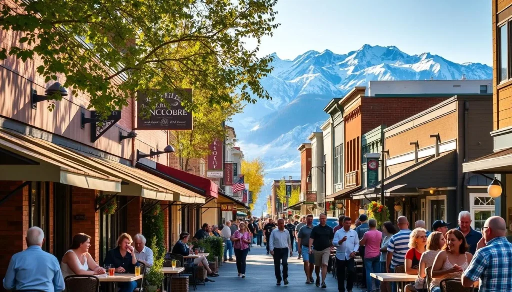 A bustling street in downtown Anchorage, with a diverse array of local dining establishments lining the sidewalks. Warm sunlight filters through the trees, casting a golden glow on the charming brick facades and inviting al fresco seating areas. In the foreground, patrons savor freshly-caught seafood, from tender halibut to succulent king crab, accompanied by seasonal produce and craft cocktails. The middle ground showcases the vibrant energy of the city, with locals and visitors mingling, sharing laughter and conversation. In the background, the majestic Chugach Mountains rise, a stunning natural backdrop to this cozy, welcoming urban scene.