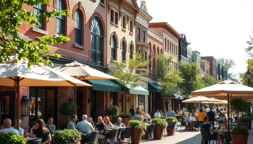 A bustling street in downtown Bethesda, Maryland, filled with an array of charming restaurants. Outdoor seating under sun-dappled umbrellas, patrons enjoying delectable cuisine. Brick facades, intricate architectural details, and lush greenery create a vibrant, inviting atmosphere. The scene is bathed in warm, natural lighting, captured through a wide-angle lens to showcase the dynamic energy of the area. The image conveys the culinary delights and lively ambiance that make downtown Bethesda a premier dining destination.