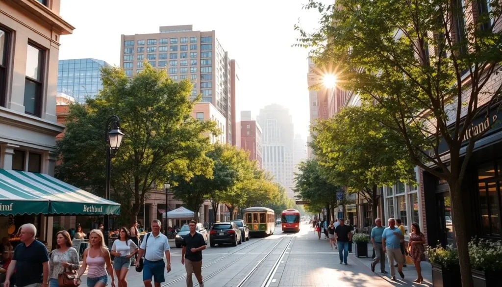 A bustling street in downtown Bethesda, Maryland on a sunny afternoon. In the foreground, pedestrians stroll along the sidewalk, enjoying the lively atmosphere. Cafes and shops line the street, their facades adorned with colorful awnings and inviting window displays. In the middle ground, a streetcar glides by, ferrying commuters and visitors. The buildings in the background rise up, a mix of modern high-rises and historic architecture, creating a charming urban landscape. Soft, diffused lighting filters through the trees, casting a warm glow over the scene. An inviting, pedestrian-friendly atmosphere that captures the essence of Bethesda as a vibrant, walkable destination.
