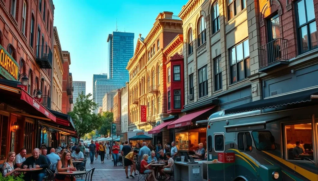 A bustling street in downtown Birmingham, Alabama, lined with vibrant, locally-owned restaurants and food trucks. In the foreground, people enjoy alfresco dining at sidewalk cafes, savoring regional specialties like barbecue, shrimp and grits, and classic Southern dishes. The middle ground features the ornate facades of historic buildings housing trendy eateries, their windows aglow with warm lighting. In the background, the city's modern skyline rises, a testament to Birmingham's thriving culinary renaissance. Warm, golden afternoon sunlight bathes the scene, creating a welcoming, lively atmosphere that captures the spirit of Birmingham's burgeoning food culture.