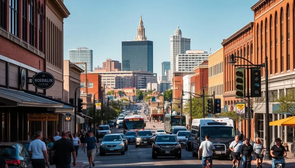 A bustling street in downtown Joplin, Missouri on a sunny afternoon. In the foreground, people stroll along the sidewalks, passing by local shops and cafes. In the middle ground, a variety of transportation options are visible - cars, buses, and even a few bicyclists. The background features the iconic architecture of Joplin, with a mix of historic buildings and modern skyscrapers. The scene is illuminated by warm, natural lighting, creating a vibrant and inviting atmosphere. The overall mood is one of a thriving, walkable city with multiple transportation choices for visitors to explore.