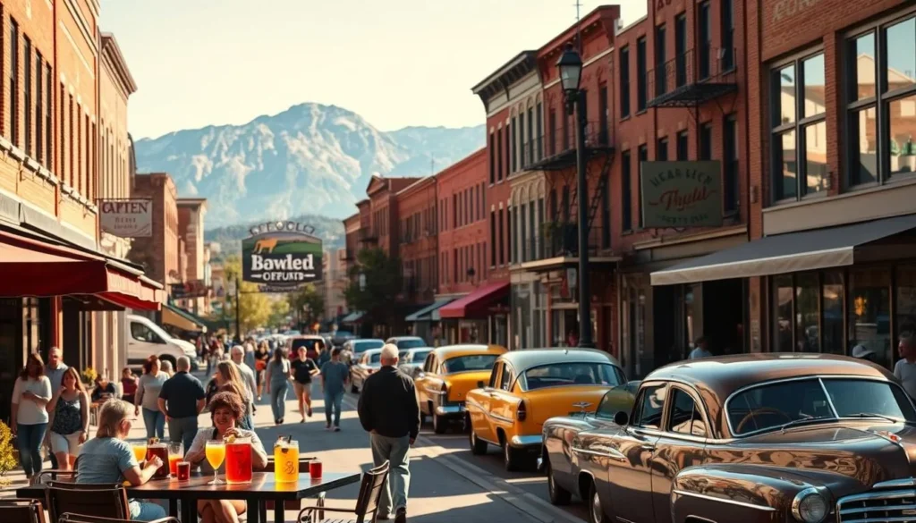 A bustling street in downtown Ogden, Utah, on a sunny afternoon. The iconic Historic 25th Street lined with charming brick buildings, local shops, and eateries. Pedestrians stroll along the sidewalks, enjoying the vibrant atmosphere. In the foreground, a group of friends sipping craft cocktails on an outdoor patio. In the middle ground, classic cars are parked along the curb, reflecting the city's vintage flair. The towering Wasatch Mountains rise majestically in the background, framing the scene. Warm lighting bathes the scene, creating a welcoming, inviting ambiance. Capture the perfect blend of urban energy and natural beauty that epitomizes Ogden's downtown charm.