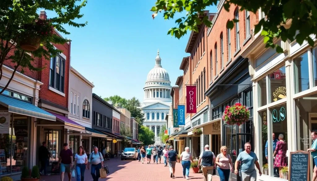 A bustling street in downtown Olympia, Washington, on a sunny afternoon. The sidewalks are lined with quaint shops, boutiques, and local businesses, their colorful facades and inviting window displays drawing in pedestrians. In the foreground, people stroll leisurely, window-shopping and chatting. Potted plants and hanging baskets add pops of greenery, while the middle ground features a mix of historic buildings and modern storefronts. In the background, the iconic dome of the Washington State Capitol building rises, framed by a clear blue sky. The scene conveys a vibrant, walkable atmosphere, perfect for an afternoon of urban exploration and discovery.