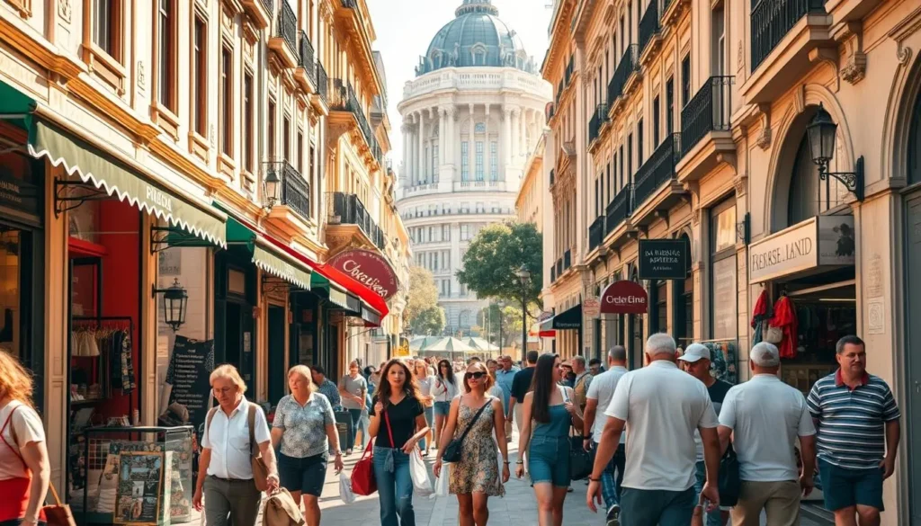 A bustling street in the heart of Buenos Aires, Argentina, where locals and tourists alike immerse themselves in the vibrant shopping experience. The sun-dappled scene captures the charming storefront facades, their colorful awnings and intricate architectural details. In the foreground, pedestrians stroll past quaint boutiques and artisanal shops, their bags and parcels in hand, conveying the thrill of discovering unique local treasures. The middle ground showcases the lively interaction of shoppers and vendors, their animated conversations and laughter creating a lively atmosphere. In the background, the iconic buildings of Buenos Aires rise, their grand, elegant designs a testament to the city's rich cultural heritage. Warm, golden lighting bathes the entire scene, lending a sense of inviting warmth and vibrancy to the image.