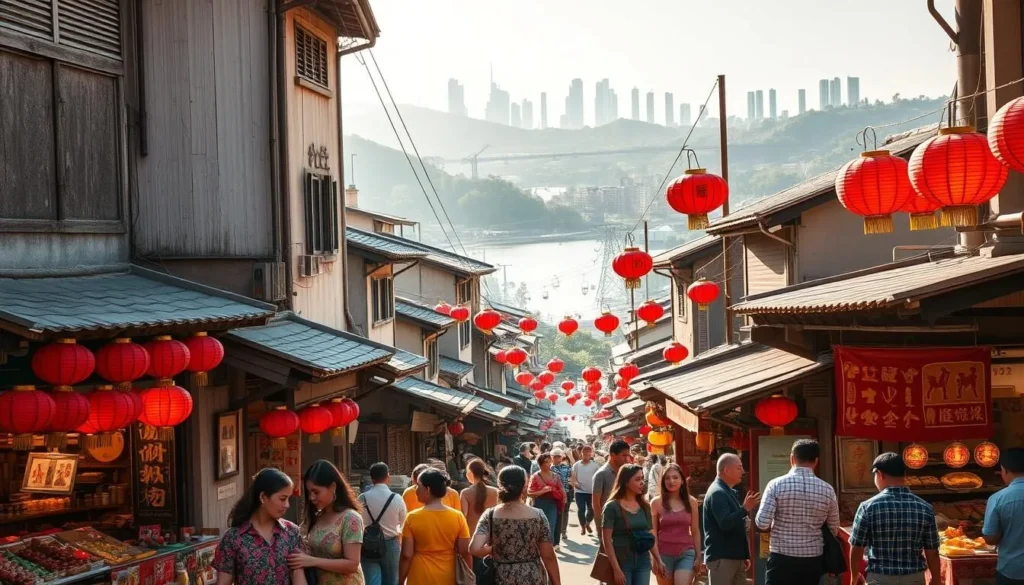 A bustling street in the heart of Chongqing, lined with vibrant red lanterns and traditional architecture. In the foreground, a group of locals engage in lively conversation, their colorful garments contrasting against the weathered facades. The middle ground features vendors selling handcrafted goods and delicious street food, creating a tantalizing aroma. In the background, the iconic Yangtze River winds through the hilly landscape, with the city's skyscrapers and cable cars visible in the distance. Warm, golden sunlight filters through the scene, casting a cozy, inviting glow and evoking a sense of cultural immersion.