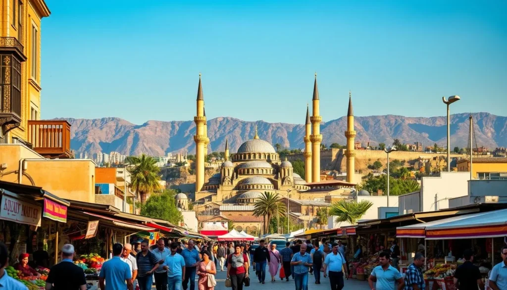 A bustling street in the heart of Damascus, Syria, on a sunny day. In the foreground, people navigate the lively market, carrying vibrant produce and browsing traditional crafts. The middle ground features the iconic domes and minarets of the Umayyad Mosque, its intricate architecture casting long shadows. In the background, the ancient city walls and towering mountains create a dramatic, timeless skyline. Warm, golden light bathes the scene, conveying a sense of history, culture, and the vibrant energy of this ancient metropolis.