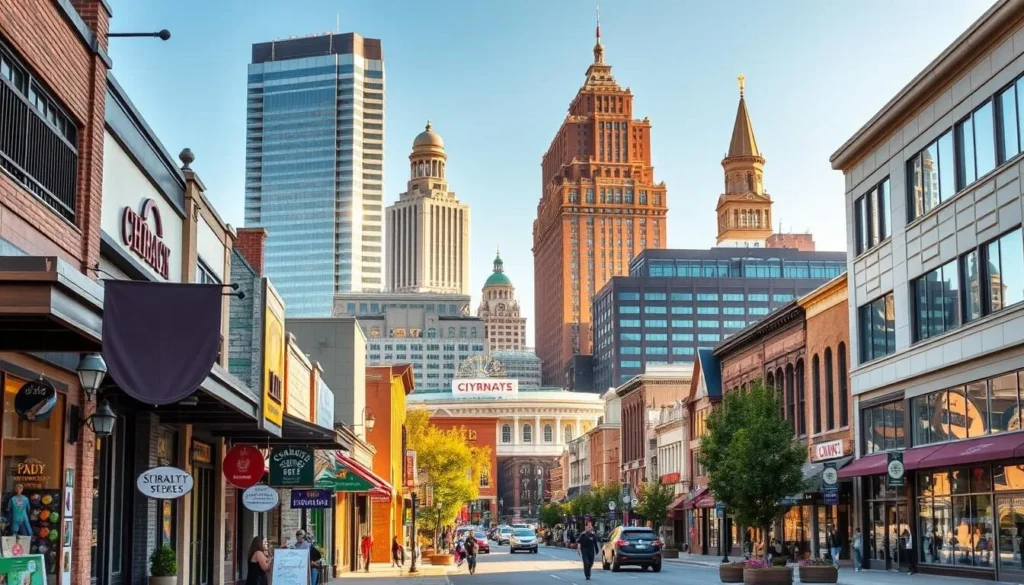 A bustling street in the heart of Fort Wayne, showcasing a diverse array of shopping destinations. In the foreground, charming boutiques and specialty stores line the sidewalks, their colorful facades and inviting window displays drawing in curious passersby. The middle ground features a mix of larger retail outlets and local eateries, creating a lively, pedestrian-friendly atmosphere. In the background, towering skyscrapers and historical landmarks serve as a picturesque backdrop, bathed in the warm, golden light of a sunlit afternoon. The scene captures the vibrant energy and unique character of Fort Wayne's premier shopping destinations.