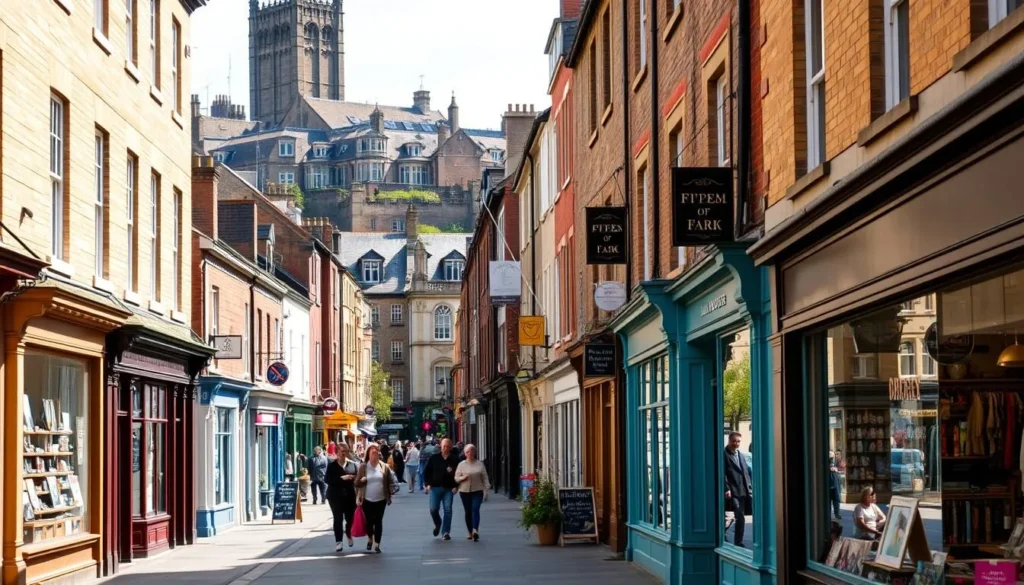 A bustling street in the heart of Lancaster, England, showcasing the city's charming and vibrant shopping district. In the foreground, quaint storefronts line the sidewalk, their colorful facades and inviting window displays beckoning passersby. In the middle ground, pedestrians stroll leisurely, browsing the eclectic mix of independent boutiques, antique shops, and local specialty stores. The background is dominated by the historic architecture of Lancaster, with its iconic buildings and landmarks creating a picturesque backdrop. Warm, natural lighting bathes the scene, lending a welcoming and vibrant atmosphere to the shopping experience.