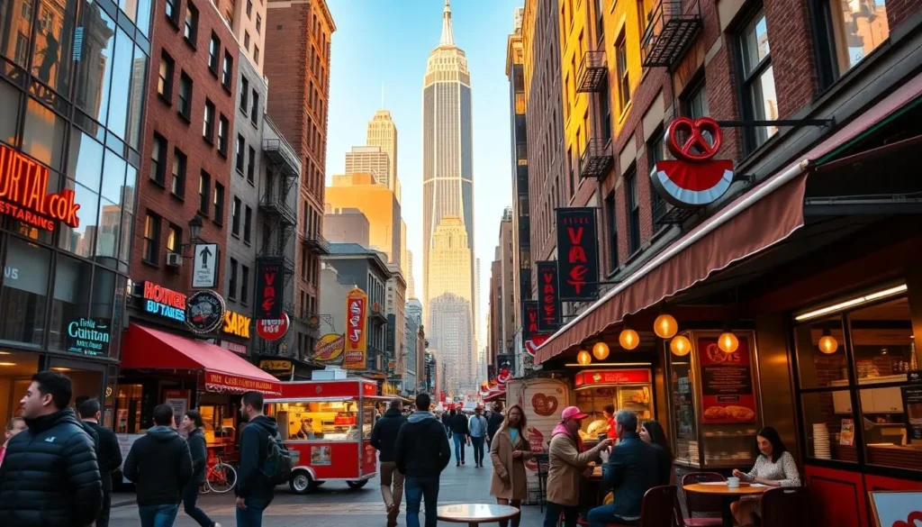 A bustling street in the heart of Manhattan, lined with vibrant restaurants and eateries, their facades adorned with neon signs and inviting awnings. Pedestrians stroll by, some pausing to peer through windows and savor the enticing aromas wafting from within. In the foreground, a group of friends seated at an outdoor cafe, sipping coffee and enjoying a lively conversation. The midground features food trucks and carts selling hot dogs, pretzels, and other local delicacies. In the background, the iconic skyscrapers of the Manhattan skyline rise majestically, bathed in warm, golden sunlight. The scene conveys a sense of energy, diversity, and the passion for culinary exploration that defines Manhattan's thriving food culture. A bustling street in the heart of Manhattan, lined with vibrant restaurants and eateries, their facades adorned with neon signs and inviting awnings. Pedestrians stroll by, some pausing to peer through windows and savor the enticing aromas wafting from within. In the foreground, a group of friends seated at an outdoor cafe, sipping coffee and enjoying a lively conversation. The midground features food trucks and carts selling hot dogs, pretzels, and other local delicacies. In the background, the iconic skyscrapers of the Manhattan skyline rise majestically, bathed in warm, golden sunlight. The scene conveys a sense of energy, diversity, and the passion for culinary exploration that defines Manhattan's thriving food culture.
