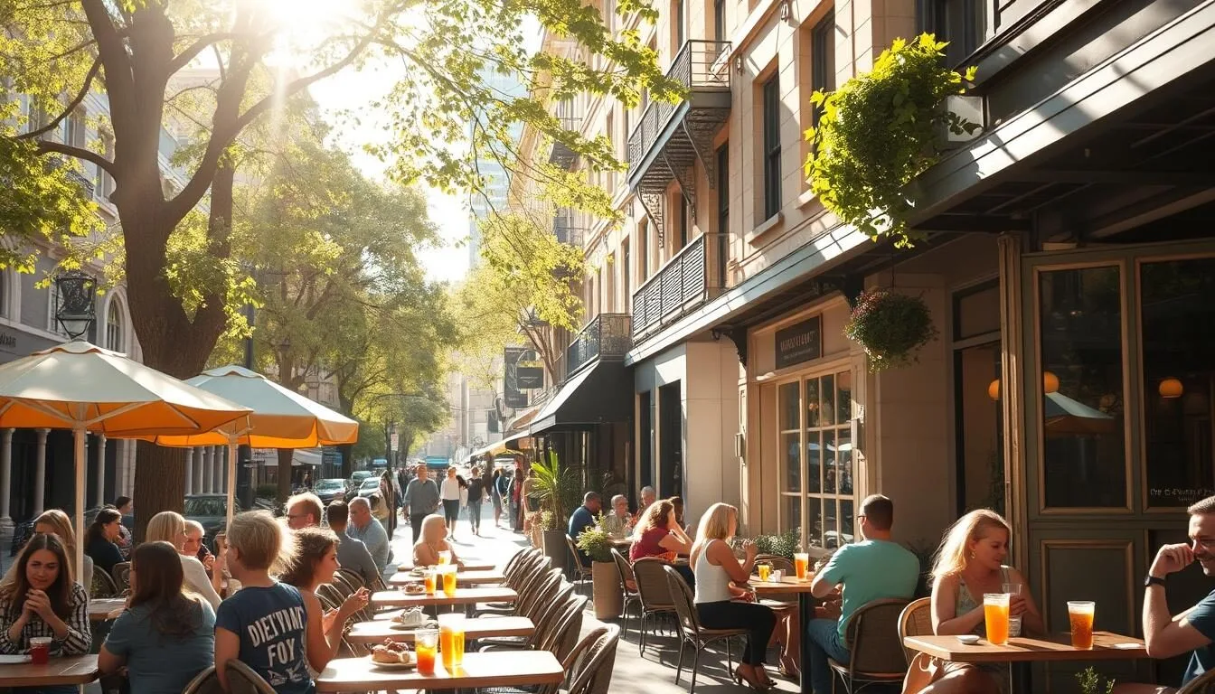 A bustling street in the heart of Melbourne, Australia, lined with quaint cafes and coffee shops. Sunlight filters through the trees, casting a warm glow on the outdoor seating areas where locals and visitors sip their favorite brews. The aroma of freshly ground coffee and baked pastries fills the air, creating a cozy, inviting atmosphere. In the foreground, people enjoy their drinks, engaged in conversation or reading the morning newspaper. The middle ground features the charming storefronts, their facades adorned with colorful umbrellas and potted plants. In the background, iconic Melbourne architecture, with its blend of modern and historic elements, provides a picturesque backdrop to this quintessential scene of the city's vibrant coffee culture.
