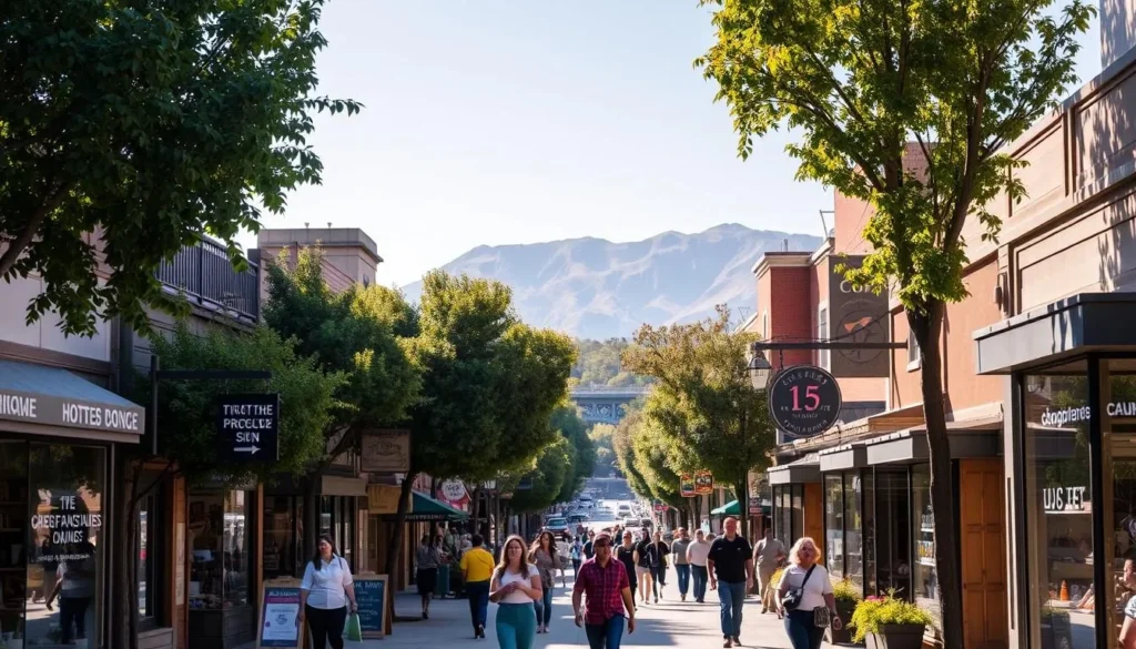 A bustling street in the heart of Pasadena, lined with charming boutiques, artisanal shops, and local eateries. Sunlight filters through the lush trees, casting a warm glow over the scene. Pedestrians stroll leisurely, browsing windows display ing an array of unique, handcrafted goods. In the distance, the iconic Colorado Street Bridge and the majestic San Gabriel Mountains provide a picturesque backdrop. The atmosphere is vibrant and inviting, capturing the essence of Pasadena's thriving shopping district.