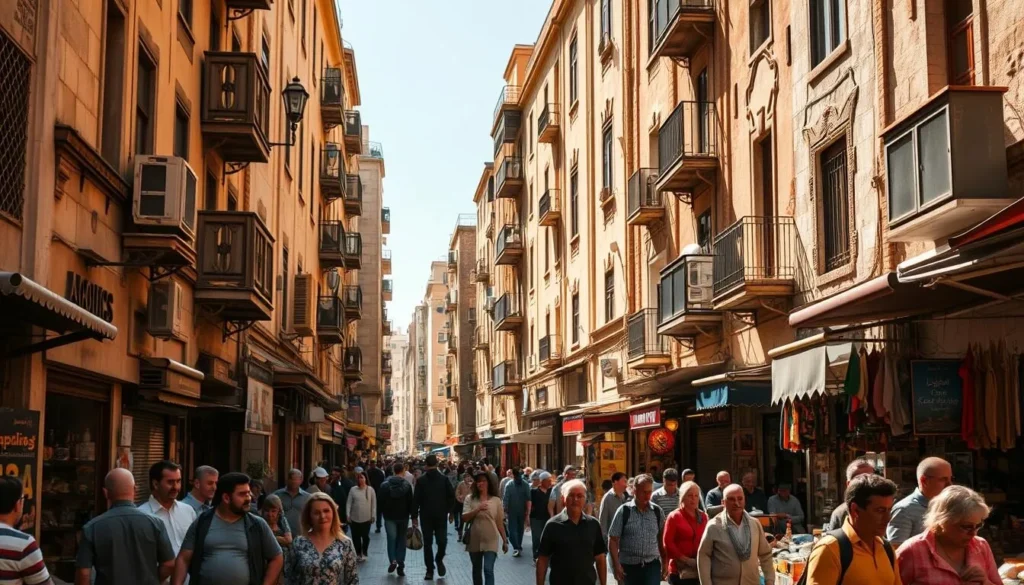 A bustling street in the historic heart of Damascus, Syria, bathed in warm afternoon sunlight. Tall, ornate buildings line the narrow road, their weathered facades exuding a timeless charm. In the foreground, locals and visitors mingle, strolling leisurely or browsing the vibrant marketplace stalls. The air is thick with the aroma of spices and the hum of friendly chatter. A serene, peaceful atmosphere pervades the scene, conveying a sense of safety and security in this ancient city. The image captures the resilience and hospitality of Damascus, inviting the viewer to explore its captivating history and culture.