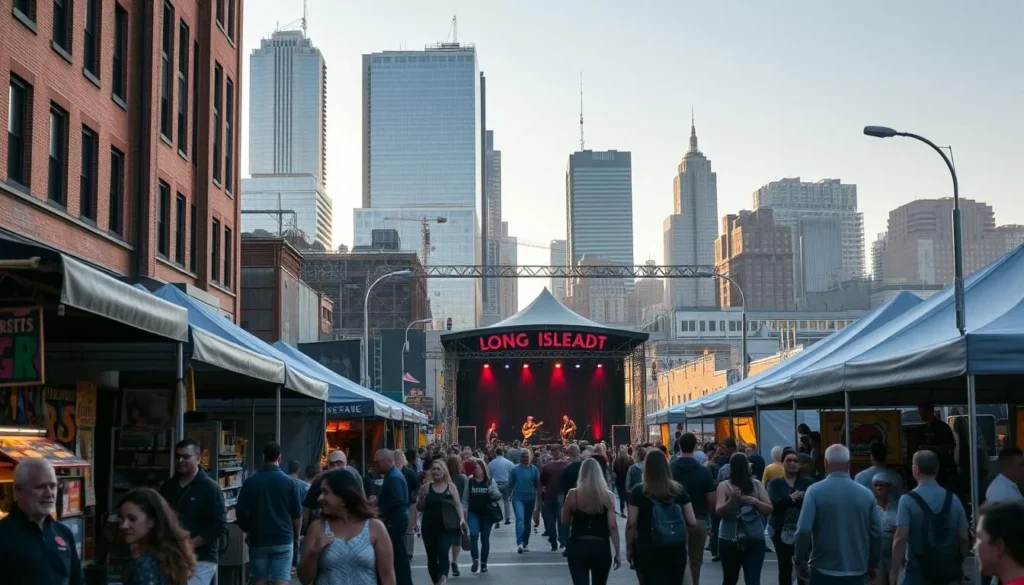 A bustling street scene in Long Island City, showcasing the vibrant seasonal events and festivals that draw crowds. In the foreground, people stroll past colorful vendor stalls offering artisanal goods and local cuisine. In the middle ground, a stage is set up for a live music performance, with a lively audience gathered around. In the background, the iconic skyscrapers and industrial architecture of Long Island City provide a striking urban backdrop, bathed in warm, golden afternoon light. The atmosphere is one of community, celebration, and a sense of discovery, capturing the energy and appeal of this dynamic neighborhood.